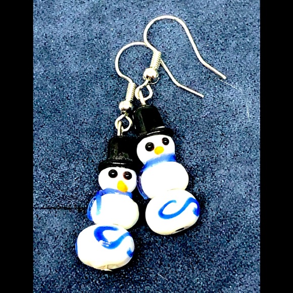 Snowman Earrings with Glass Pearls Silver Toned Hat and Ear Wires